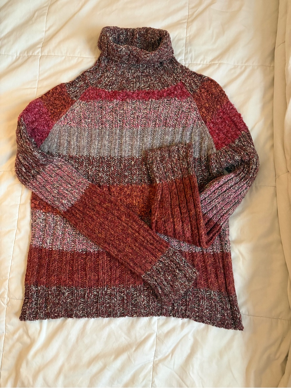 Mendocino Multi-Stripe Ribbed Turtleneck Sweater - Red, Pink, Brown Blend